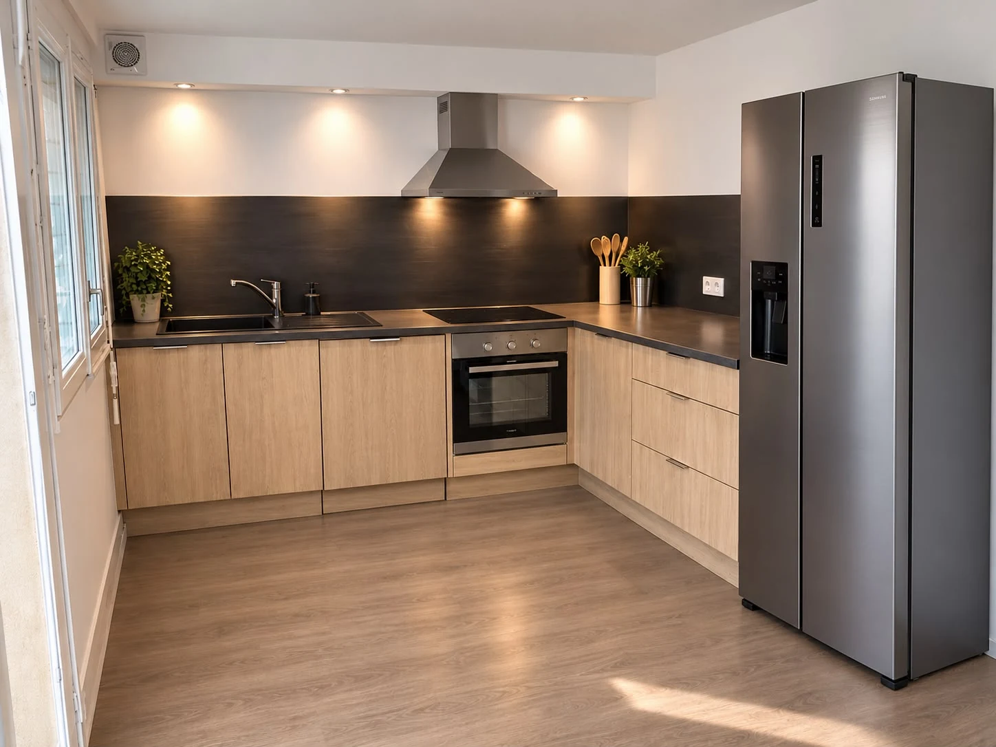 Cuisine sur mesure bois et noir réalisée par L’Agence Reno