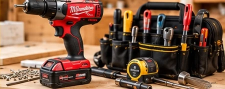 Visseuse Milwaukee rouge et outillage de menuiserie