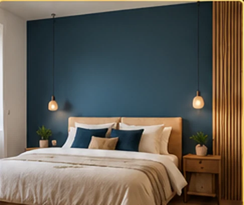 Illustration d'une chambre avec mur bleu profond