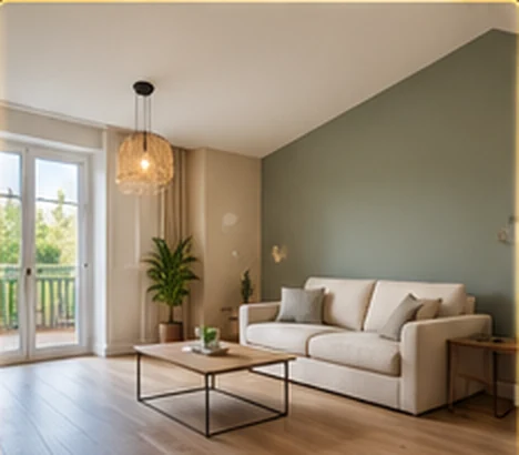 Illustration d'un salon aux murs beige sauge et mobilier clair