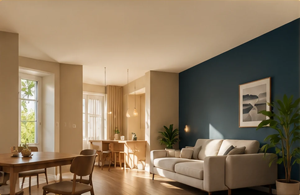 Ambiance de salon avec mur bleu profond et plafond clair, illustration d’inspiration peinture
