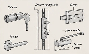 Croquis illustratif des éléments de serrurerie : cylindre, serrure, verrou et poignée